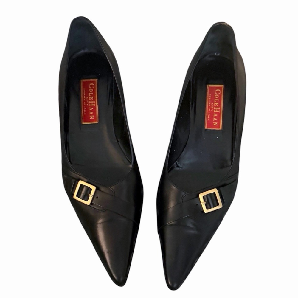 Vintage Cole Haan Black Pointed  Toe Leather Made In Italy Kitten Heels Womens 9